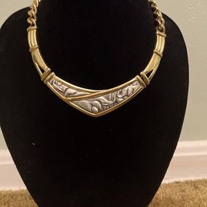 Vintage Chunky Gold and Silver Embossed Elephant Statement Necklace